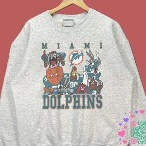 Vtg Miami Dolphins Looney Tunes Football Sweatshirt Retro 90s NFL Shirt tee